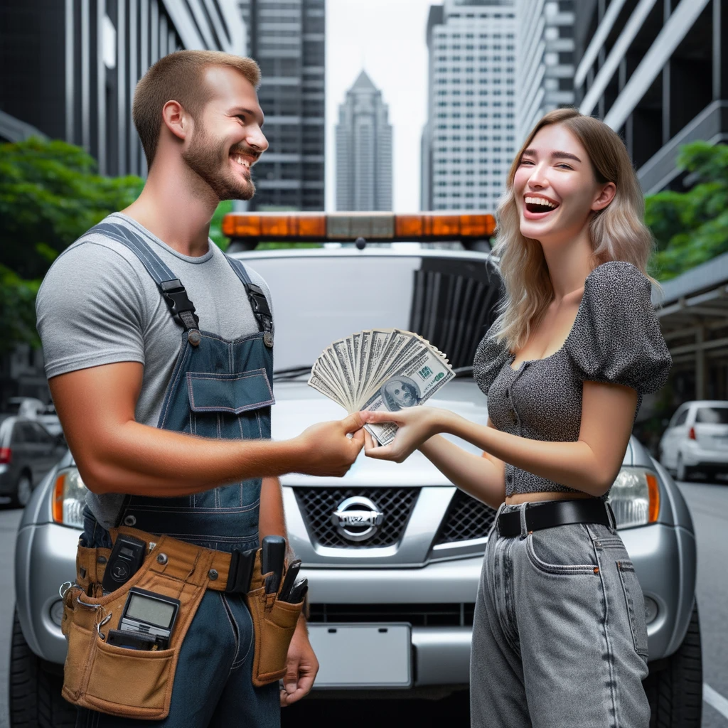 A photo capturing a woman gleefully receiving a wad of cash from a tow truck driver for selling her car