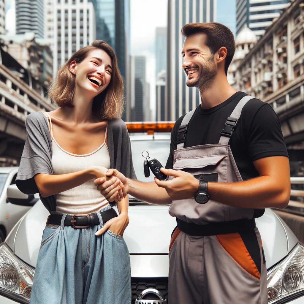 A photograph depicting a woman standing by her silver Nissan as she hands over her car keys to a tow truck driver