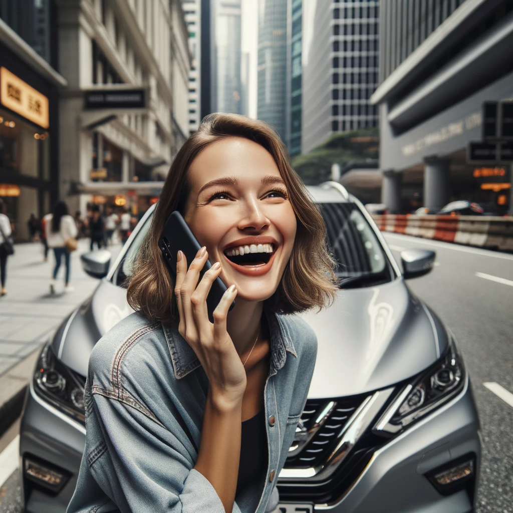 A photograph of a woman speaking excitedly on her phone for just receiving a great quote on her car